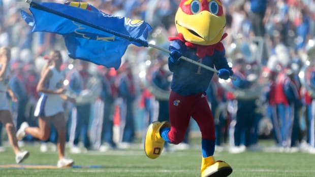 Big Jay brings out the Kansas Jayhawks before the start of Satuday's game against Duke at David Booth Kansas Memorial Stadium.